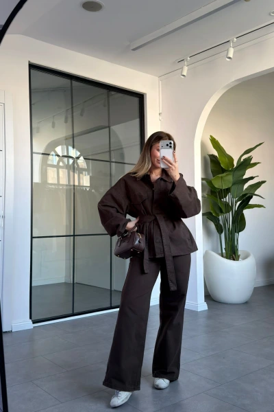 ACI KAHVE KUŞAKLI DENİM CEKET PANTOLON TAKIM