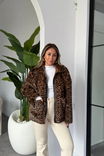 ACI KAHVE LEOPAR DESEN FERMUARLI KÜRK CEKET