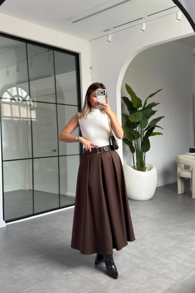 ACI KAHVE PİLİSELİ KEMERLİ ETEK