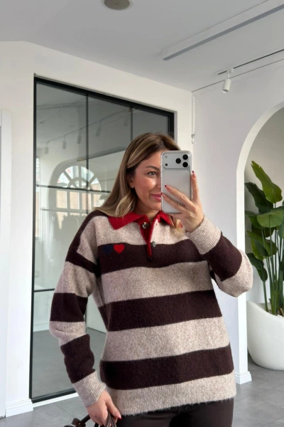 ACI KAHVE POLO YAKA KALP NAKIŞLI KAZAK