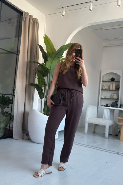 Acı Kahve Sıfır Kol Orjinal Marka Yumoş Dokulu Takım