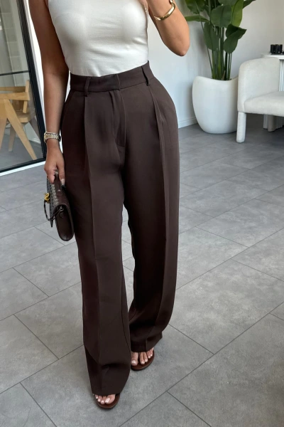 ACI KAHVE YÜKSEK BEL DÖKÜMLÜ PANTOLON