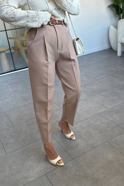 Açık Kahve Kemerli Premium Kumaş Pantolon