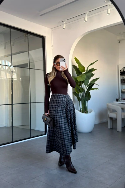 ANTRASİT ASİMETRİK EKOSE DESEN ETEK