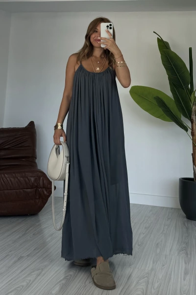 Antrasit Ayarlanabilir Askılı Organik Kumaş Elbise