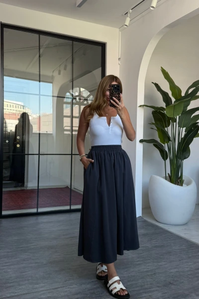 Antrasit Beli Lastikli Cepli Gabardin Etek