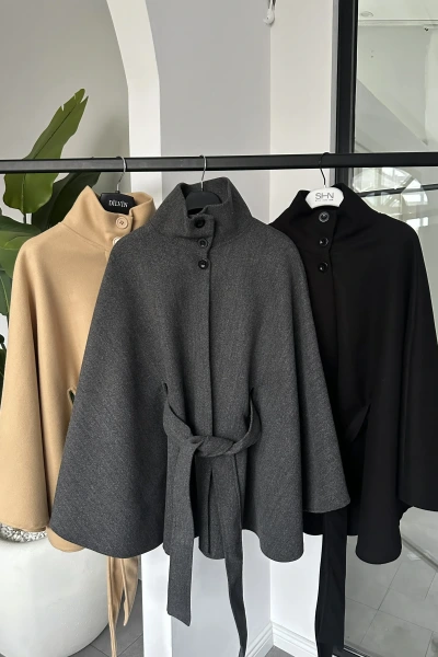 ANTRASİT DİK YAKA KUŞAKLI PANÇO