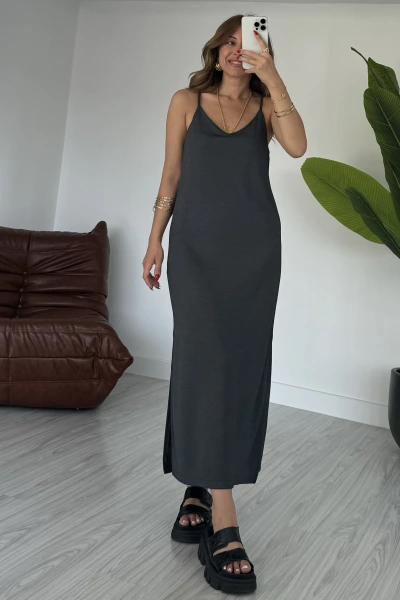 Antrasit İki Yan Yırtmaçlı Modal Elbise