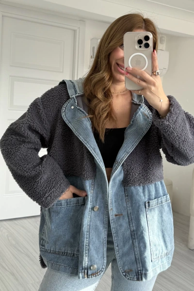 Antrasit Jean Detay Kapüşonlu Oversize Peluş Ceket
