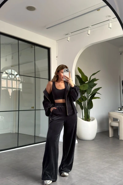 ANTRASİT KADİFE ÜÇLÜ TAKIM