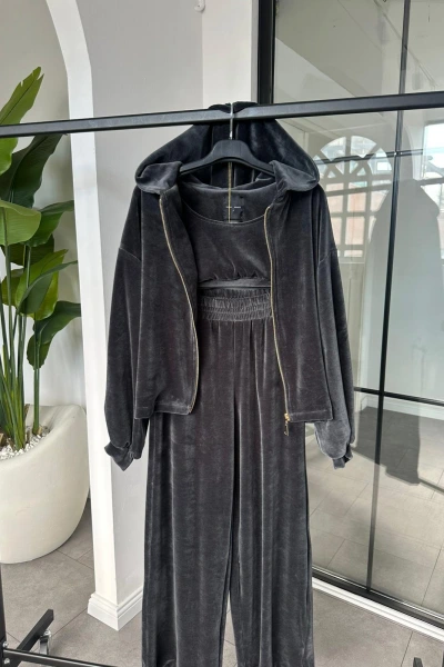 ANTRASİT KADİFE ÜÇLÜ TAKIM