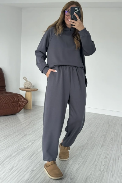 Antrasit Kapüşonlu Yanı Yırtmaçlı Takım