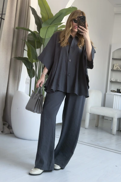 Antrasit Kısa Kol Beli Lastikli Tensel Pantolon Takım