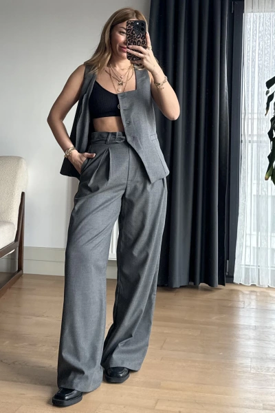 Antrasit Marka Model Arkası Bağlamalı Yelek Takım