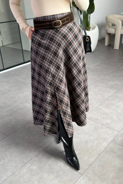 ANTRASİT MAVİ YIRTMAÇ DETAY KEMERLİ EKOSE ETEK