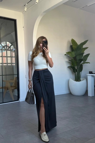 ANTRASİT MODAL KUMAŞ BÜZGÜLÜ ETEK