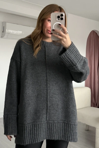 Antrasit Ön Dikiş Detaylı Kazak