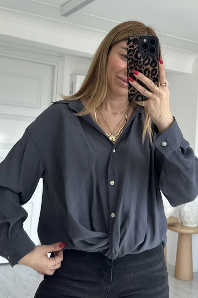 Antrasit Önü Düğüm Detay Düşük Omuz Gömlek