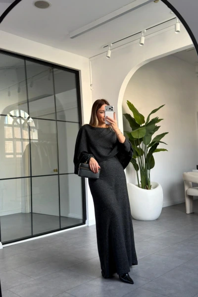 ANTRASİT PELERİN MODEL UZUN ELBİSE