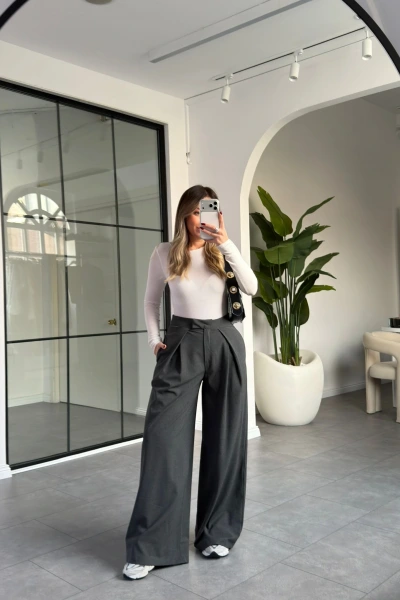 ANTRASİT PENSLİ DÖKÜMLÜ PALAZZO PANTOLON