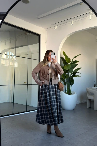 ANTRASİT PİLELİ CEP DETAY EKOSE DESEN ETEK