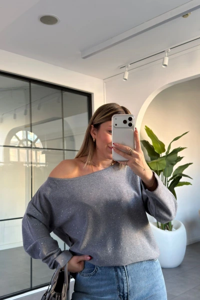 ANTRASİT PUL DETAY KAYIK YAKA KAZAK