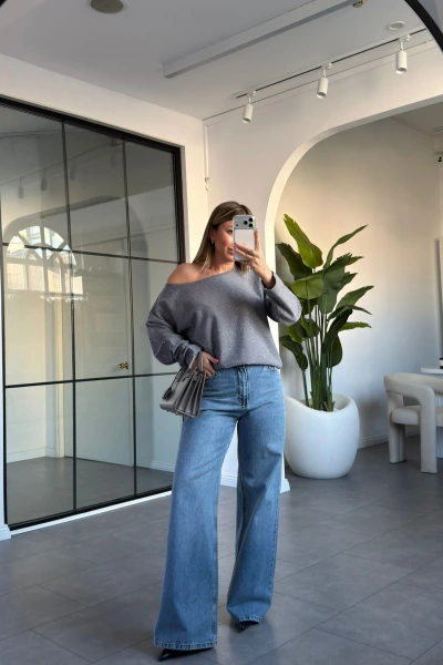 ANTRASİT PUL DETAY KAYIK YAKA KAZAK