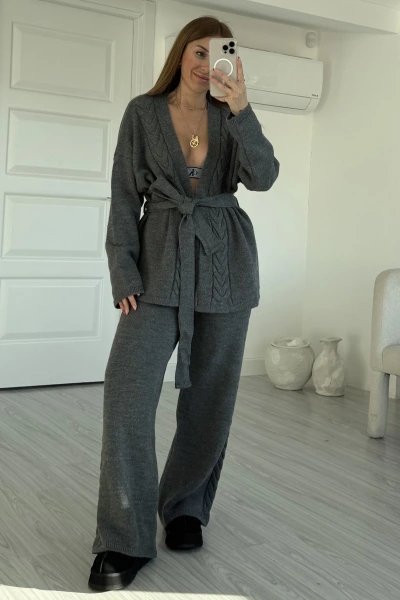 Antrasit Saç Örgülü Kuşaklı Takım