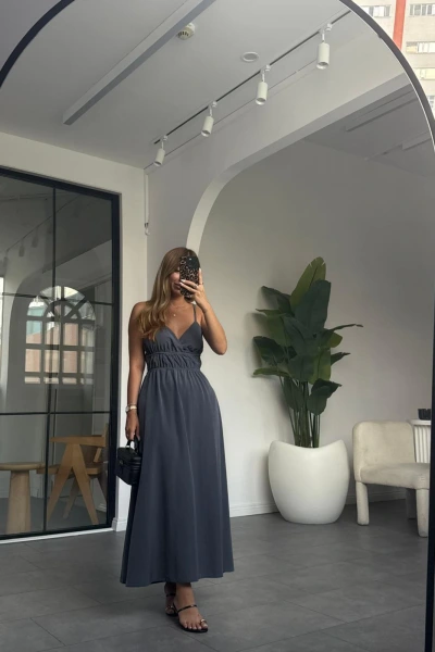 ANTRASİT V YAKA LASTİK DETAYLI KUPLU ELBİSE