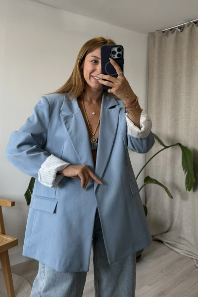 Bebe Mavi Astarı Çizgili Premium Ceket