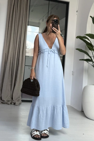 BEBE MAVİ DEKOLTE DETAY MÜSLİN ELBİSE