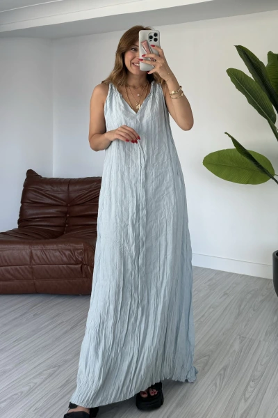 Bebe Mavi Kırışık Kumaş Premium Kalite Elbise