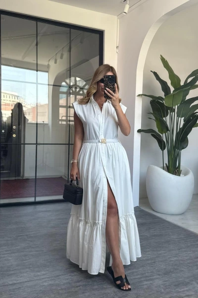 BEYAZ KEMERLİ POPLİN ELBİSE