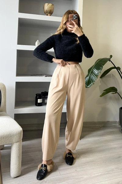 Bej Beli Lastıklı Şalvar Kesim Krep Pantolon