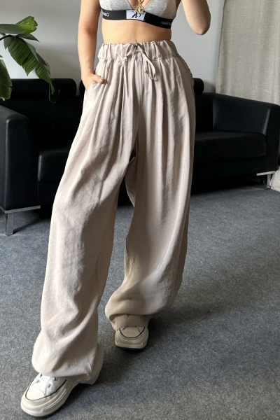 Bej Beli Lastikli Yumuşacık Dokulu Pantolon