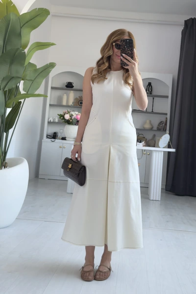 Bej Bisiklet Yaka Cep Detaylı Esnek Jean Elbise