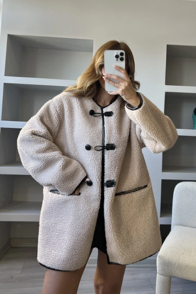 Bej Deri Biye Detaylı Teddy Ceket