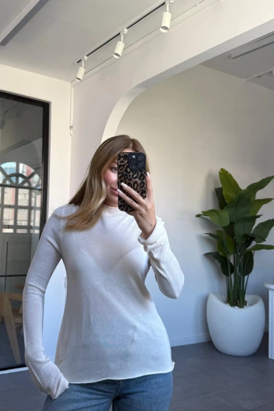 BEJ DİK YAKA TRANSPARAN KAZAK