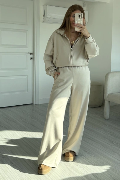 Bej Gizli Fermuarlı Cepli Bol Paça Takım