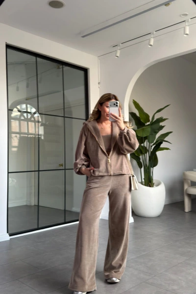 BEJ KADİFE ÜÇLÜ TAKIM