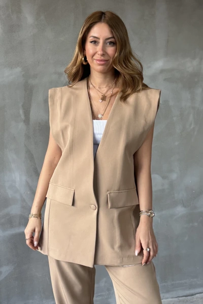 Bej Kapak Cepli Premium Yelek Takım