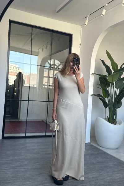 BEJ KISA KOL KETEN ELBISE