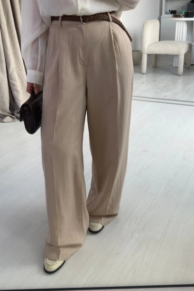 Bej Örgü Kemerli Pantalon