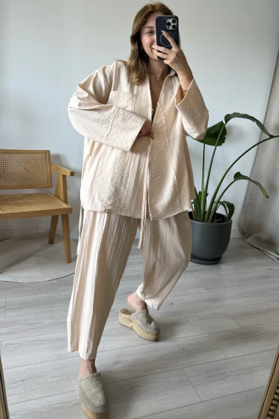 Bej Paraşüt %100 Cotton Pantolonlu Takım