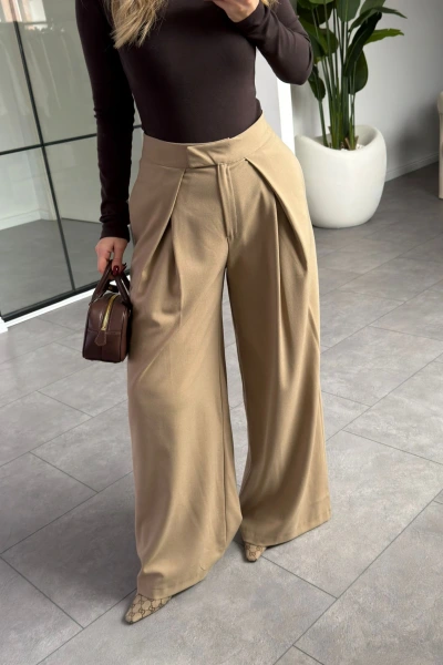 BEJ PENSLİ DÖKÜMLÜ PALAZZO PANTOLON