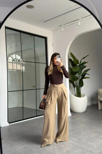 BEJ PENSLİ DÖKÜMLÜ PALAZZO PANTOLON