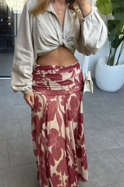 BEJ RENK ÇİÇEK DESENLİ ŞİFON ETEK