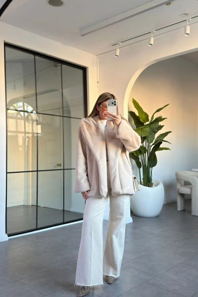 BEJ ŞAL YAKA PREMİUM KUŞAKLI KÜRK