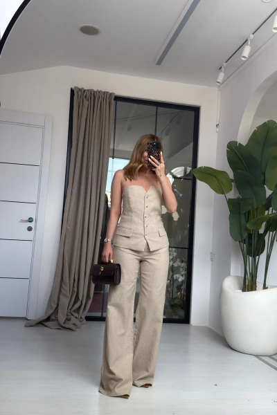 BEJ STRAPLEZ YELEKLİ TAKIM