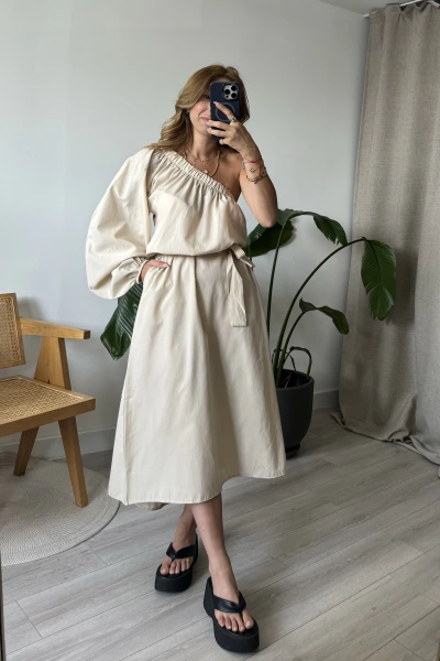 Bej Tek Kol Kuşaklı Poplin Elbise